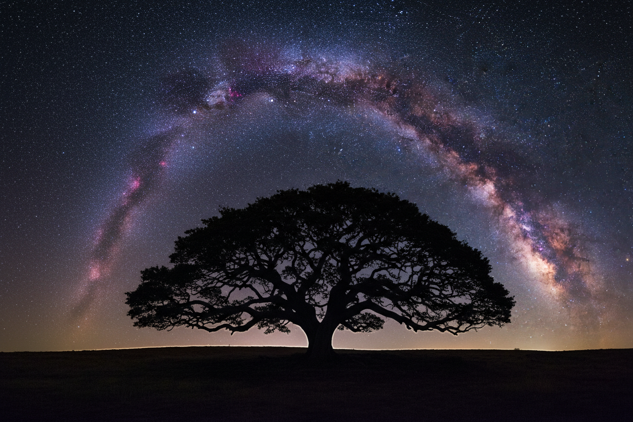 a big tree at showing night galaxy